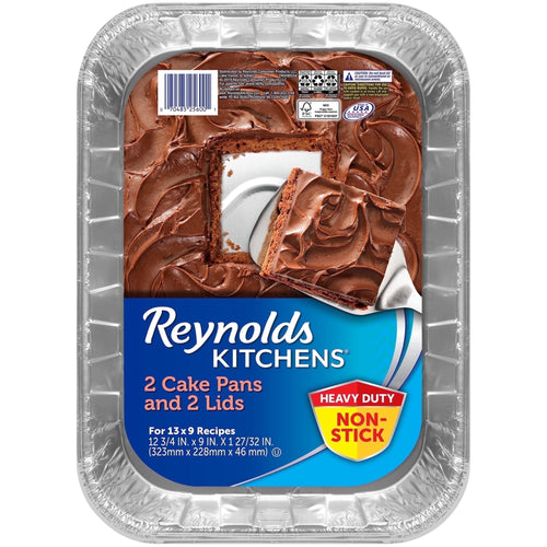 Reynolds Kitchens blue disposable aluminum cake pan with product label and chocolate cake image