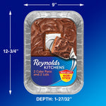 Reynolds Kitchens labeled blue aluminum cake pan on blue gradient background with dimensions callouts