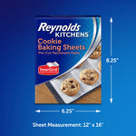 Front of Reynolds Kitchens Cookie Baking Sheets box with dimensions and SmartGrid badge on blue background