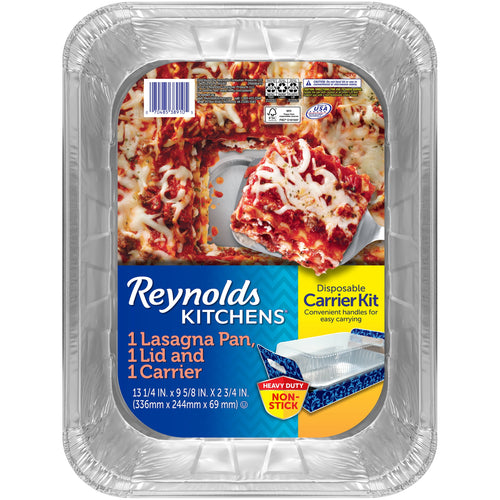 Top-down photo of a Reynolds Kitchens disposable aluminum lasagna pan with product label showing lasagna