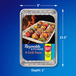 Reynolds Kitchens packaged aluminum grill pan shown against blue background with arrows and dimensions 9" by 13.5"
