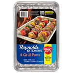 Single Reynolds Kitchens packaged aluminum grill pan showing label, barcode and image of skewers with 'Heavy Duty' badge