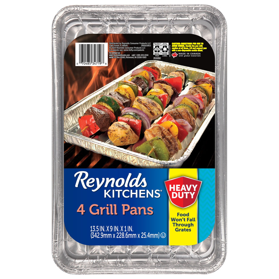 Single Reynolds Kitchens packaged aluminum grill pan showing label, barcode and image of skewers with 'Heavy Duty' badge