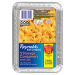 Packaged Reynolds Kitchens aluminum storage containers with labeled cardboard sleeve and product photo