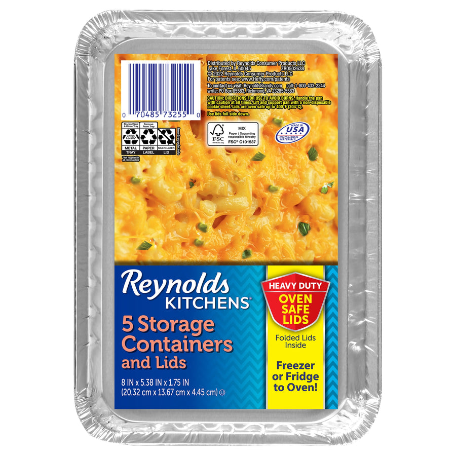 Packaged Reynolds Kitchens aluminum storage containers with labeled cardboard sleeve and product photo