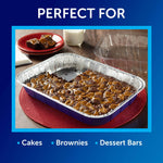 Blue Reynolds Kitchens disposable aluminum pan with baked brownies on a table, ‘Perfect For’ graphic