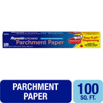 Box of Reynolds Kitchens parchment paper with SmartGrid branding and a yellow panel advertising Stay FLAT dispensing