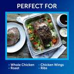 Lifestyle image showing a roasted beef joint in a Reynolds aluminum roasting pan with text 'Perfect For'