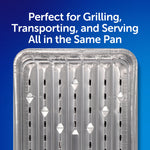 Close-up of slotted aluminum grilling pan interior with headline 'Perfect for Grilling, Transporting, and Serving' on blue background