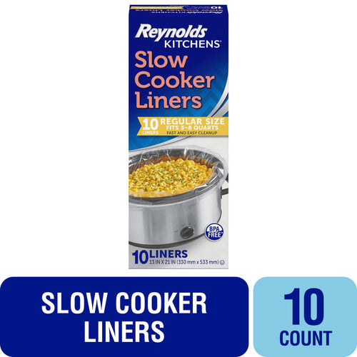 Reynolds Kitchens retail box for slow cooker liners showing product name, 10-count callout and liner-lined slow cooker image