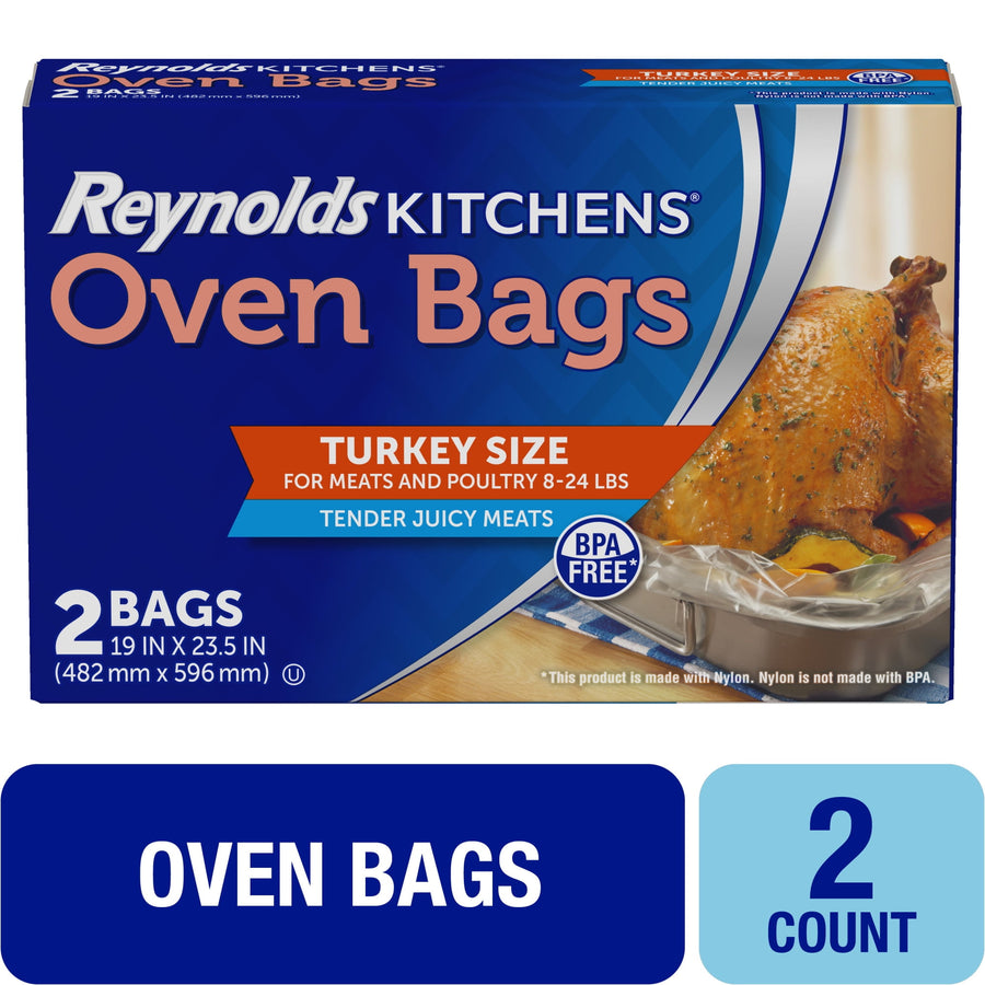 Reynolds Kitchens oven bags retail box labeled turkey size with roasted turkey photo