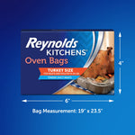 Reynolds Kitchens oven bags box with dimensions graphic showing bag measurement on blue background