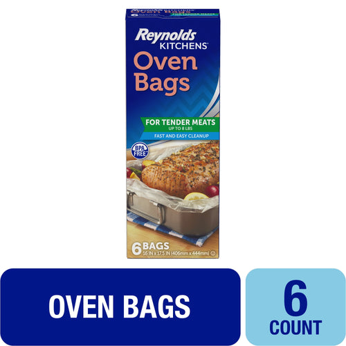 Boxed Reynolds Kitchens Oven Bags package showing branding, product name, and a roasted meat image on front.
