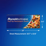 Reynolds Kitchens parchment sheets package shown on blue background with arrows and sheet measurement 10.7" x 13.6".