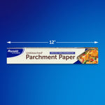 Reynolds Kitchens unbleached parchment paper box on blue background with a 12-inch width arrow indicator