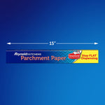 Reynolds Kitchens parchment paper box shown on blue background with a 15" width arrow and SmartGrid Stay FLAT panel