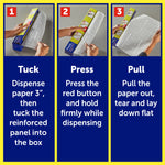 Instruction panel with three steps illustrating how to tuck, press the red button, and pull Reynolds parchment paper from the box
