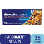 Reynolds Kitchens pop-up parchment sheets box with product styling and roasted chicken image on package.