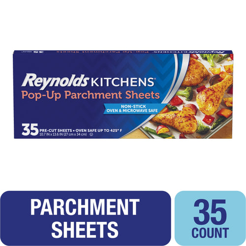 Reynolds Kitchens pop-up parchment sheets box with product styling and roasted chicken image on package.