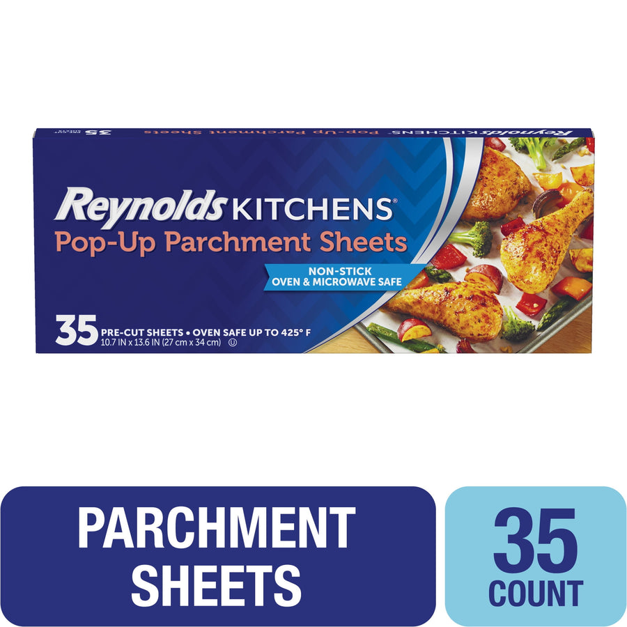 Reynolds Kitchens pop-up parchment sheets box with product styling and roasted chicken image on package.