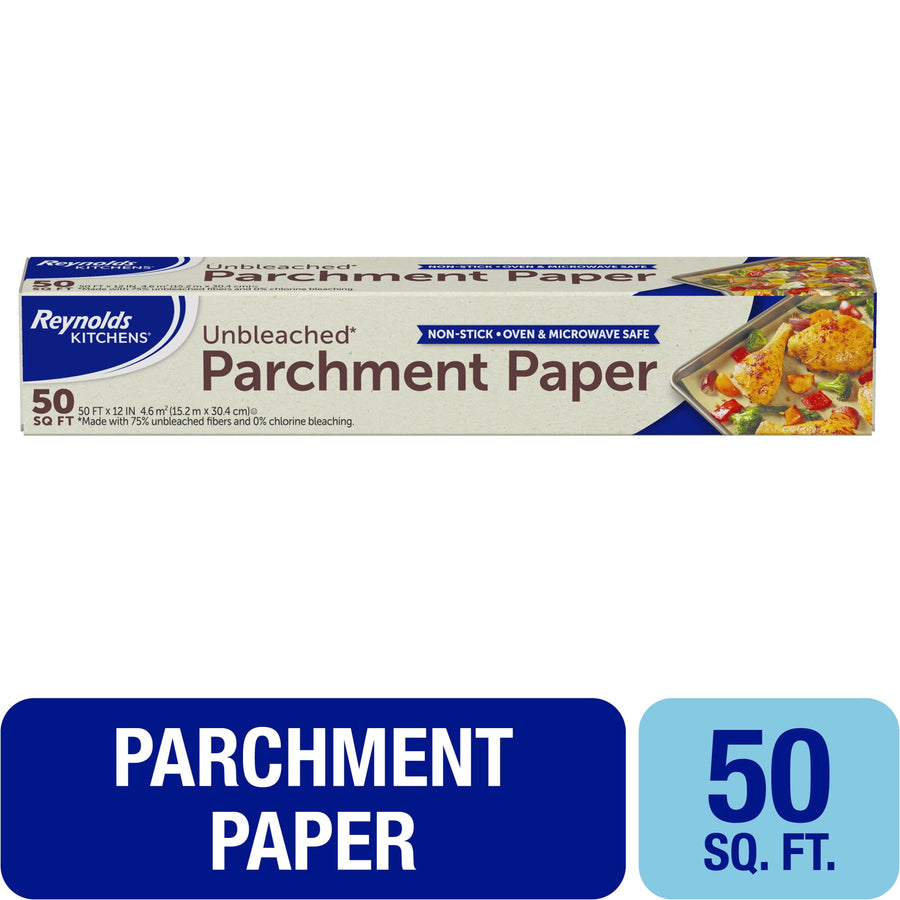 Reynolds Kitchens unbleached parchment paper box shown front-on with product name and 50 sq ft callout