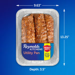 Labeled Reynolds Kitchens utility pan shown with arrows indicating 9.63" width and 13.25" length on blue background