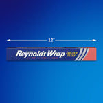 Reynolds Wrap heavy duty foil box shown with a 12" measurement arrow above on a blue gradient background