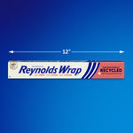 Reynolds Wrap recycled aluminum foil box centered on a blue gradient background with a 12" measurement arrow