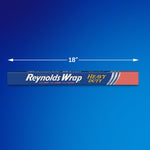Reynolds Wrap Heavy Duty foil box displayed on a blue background with an 18" width arrow