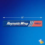 Reynolds Wrap Everyday aluminum foil box shown horizontally on blue background with a 12-inch width arrow