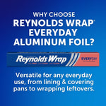 Promotional graphic asking why choose Reynolds Wrap Everyday aluminum foil with product box image and usage text