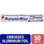 Reynolds Wrap branded box of embossed aluminum foil with red and blue fireworks pattern and product callouts