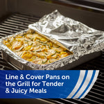 Rectangular baking pan covered and lined with aluminum foil on a grill, showing foil used to line and cover pans for grilling