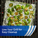 Grill lined with Reynolds Wrap foil topped with roasted Brussels sprouts, with overlay text about easy cleanup
