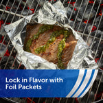 Grill cooking a foil packet containing meat topped with sauce, placed on coals with overlay text about locking in flavor