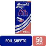 Reynolds Wrap blue and coral box of pre-cut pop-up foil sheets with foil graphic and '50 foil sheets' label