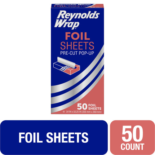 Reynolds Wrap blue and coral box of pre-cut pop-up foil sheets with foil graphic and '50 foil sheets' label