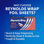 Promotional graphic showing a Reynolds Wrap foil sheets box and bullet points about easy dispensing on a blue gradient background
