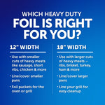 Informational graphic comparing 12" and 18" heavy duty foil uses on a blue gradient background