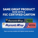 Promotional image of two Reynolds Wrap foil boxes with text highlighting FSC certified carton on a blue background