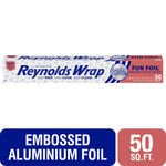 Long Reynolds Wrap retail box showing special edition Fun Foil embossed heart pattern and product branding