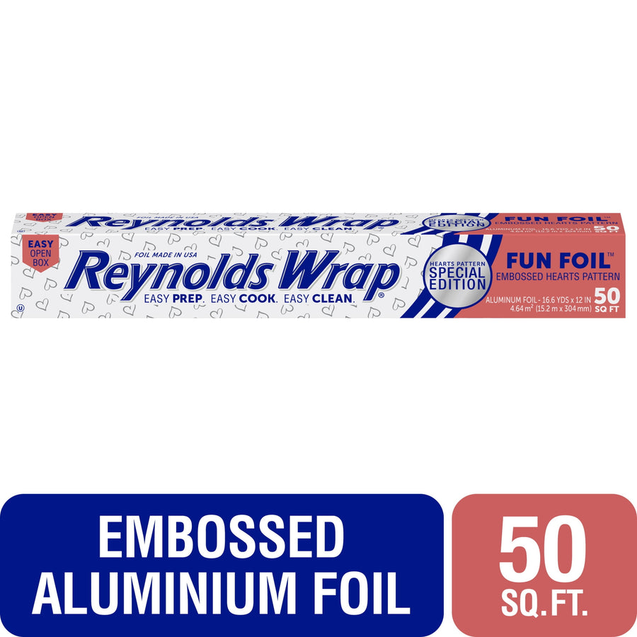 Long Reynolds Wrap retail box showing special edition Fun Foil embossed heart pattern and product branding