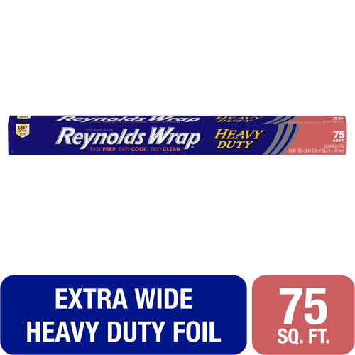 Reynolds Wrap Heavy Duty aluminum foil long box with blue and red packaging and 75 sq. ft. label