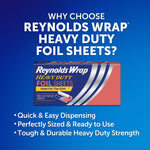 Promotional graphic showing a Reynolds Wrap Heavy Duty foil sheets box with benefit text on a blue gradient background.