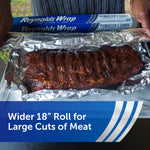 Rack of seasoned ribs on aluminum foil with a Reynolds Wrap Pitmaster’s Choice box visible behind and hands peeling foil