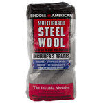 Packaged Rhodes American multi-grade steel wool bundle with red label reading “Steel Wool” and includes 3 grades