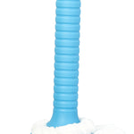 Tight crop of a ribbed blue plastic mop handle inserted into a white microfiber twist mop head