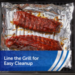 Two glazed ribs on a foil-lined grill pan, with a blue banner promoting easy grill cleanup