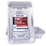 Stacked disposable full-size aluminum steam pans with front label showing brand RICK USA and food photo