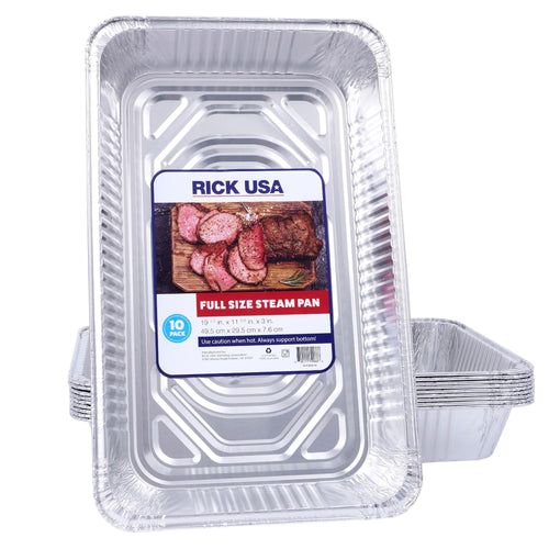 Stacked disposable full-size aluminum steam pans with front label showing brand RICK USA and food photo